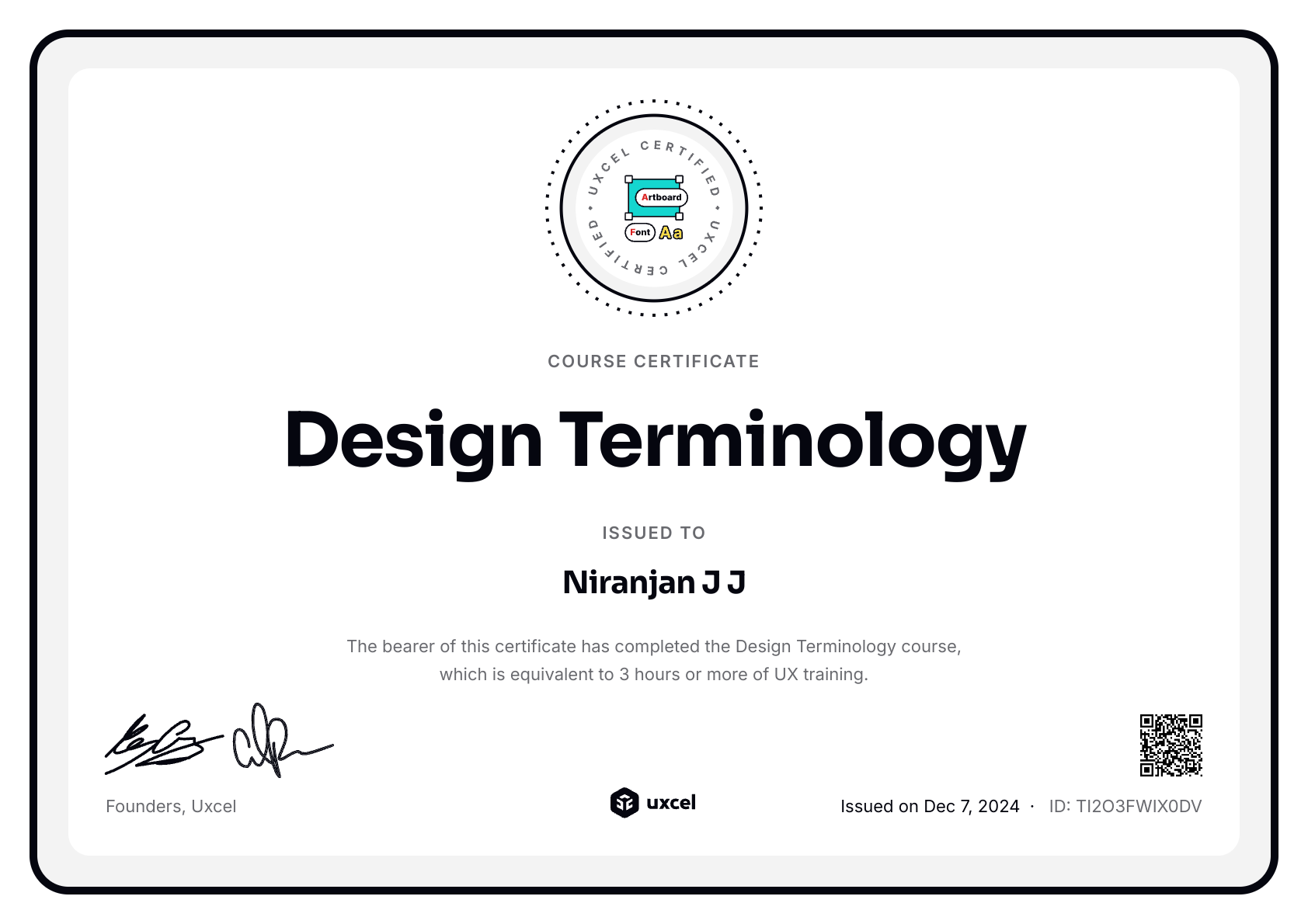 Niranjan J J's certificate